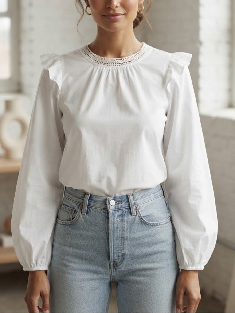 J.Crew White Lace Trim Ruffle Shoulder Long Sleeve Blouse Top 100% Cotton Small